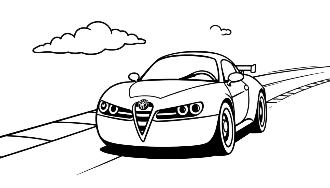 A cartoon Alfa Romeo car with bold outlines on a winding road, with a color panel sky and two clouds.