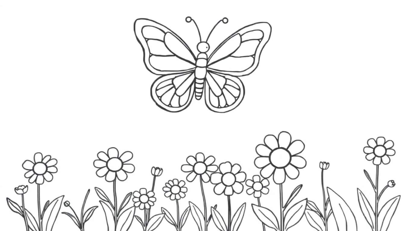 A happy butterfly with big wings flying over flowers, a color panel for kids.