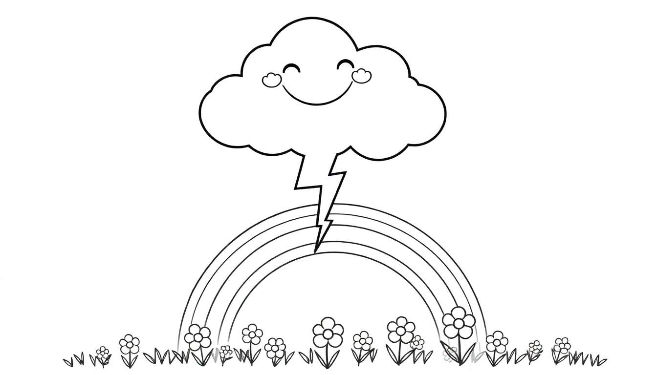 A cheerful cloud with a smiley face in a black and white color panel, sending down a lightning bolt towards a rainbow and a field of flowers, perfect for a coloring panel.