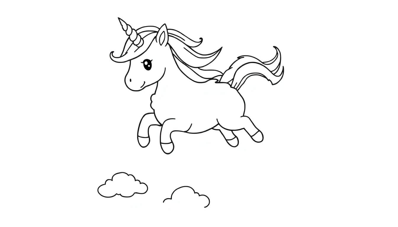 A cute black and white illustration of a unicorn on a cloud, a simple color panel illustration.