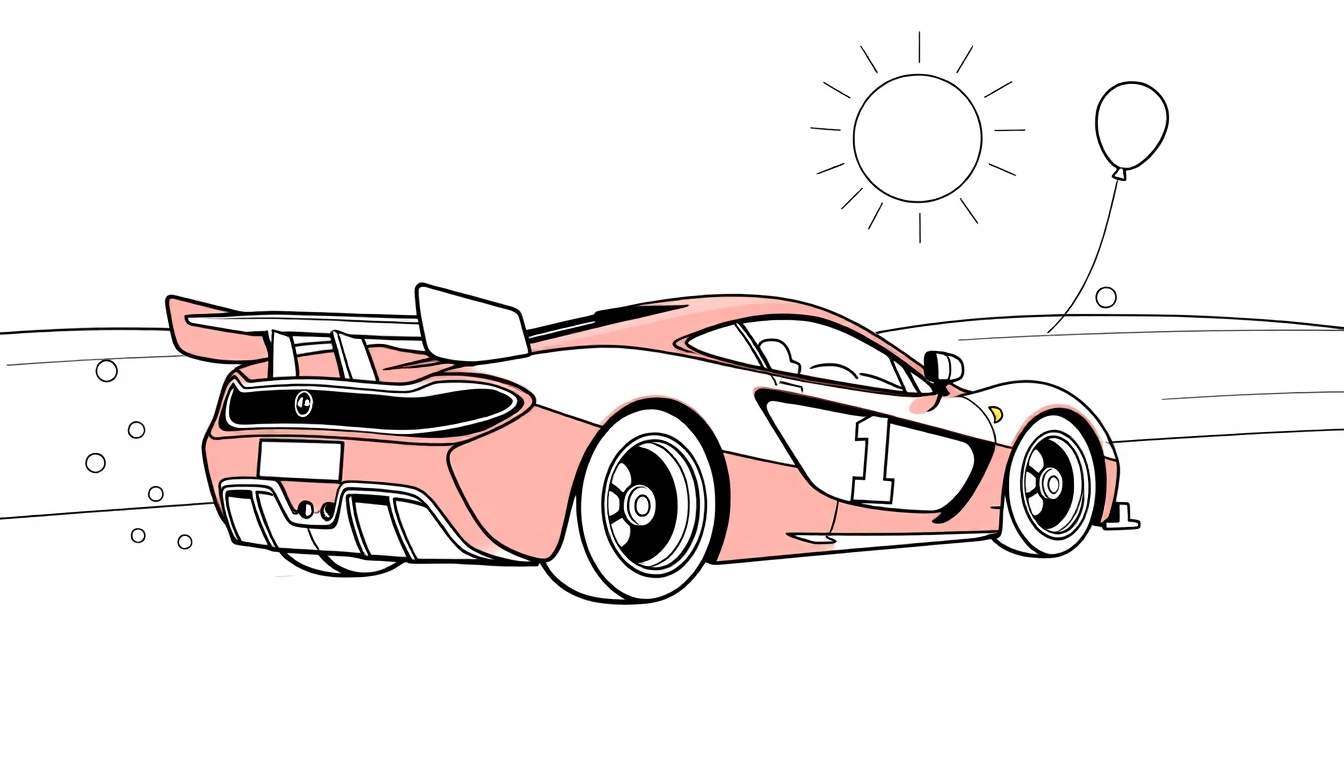A cute pink and white race car, like a coloring book page, with the number 1, a big spoiler, and a sun and balloon in the background. A fun color panel for kids.