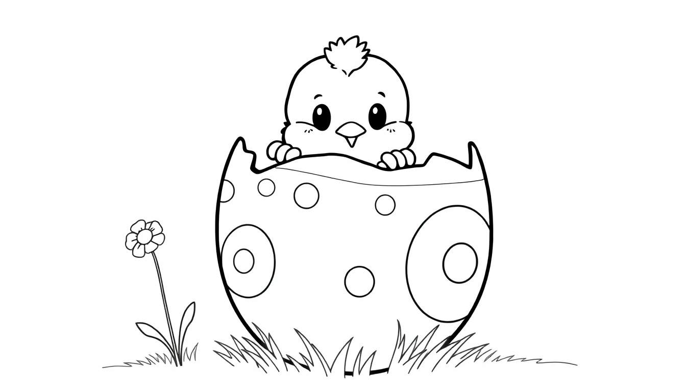 A black and white drawing of a cartoon chick peeking out of a cracked Easter egg with a color panel of circle decorations.