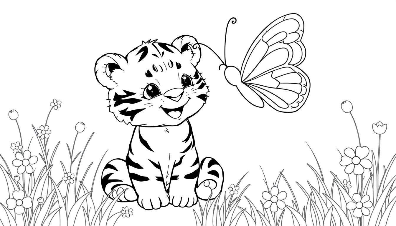 A black and white illustration of a tiger cub, a delightful color panel, about to play with a butterfly in a grassy meadow, perfect for coloring.