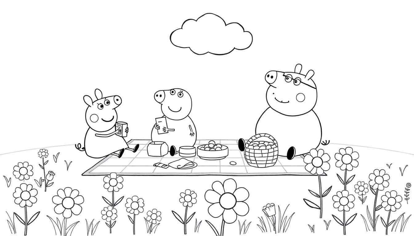 A black and white Peppa Pig color panel picnic scene with Peppa, George, and Daddy Pig enjoying food on a blanket with flowers.