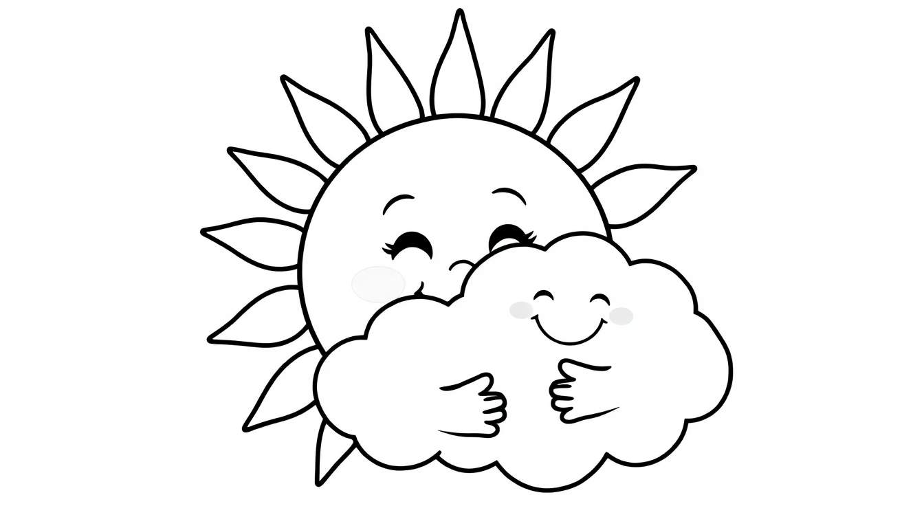 A smiling sun with rainbow rays is being hugged by a smiling cloud. This color panel illustration is very cheerful.