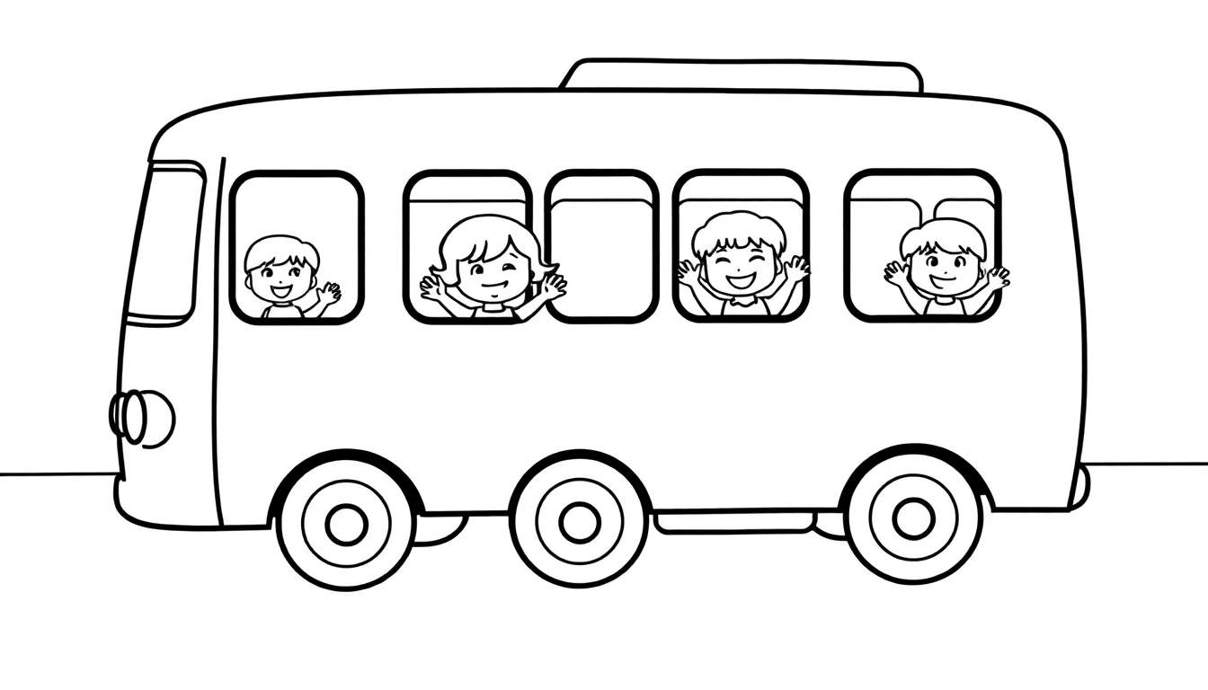 A black and white cartoon of a school bus with smiling kids waving from the windows, a cheerful color panel on wheels.