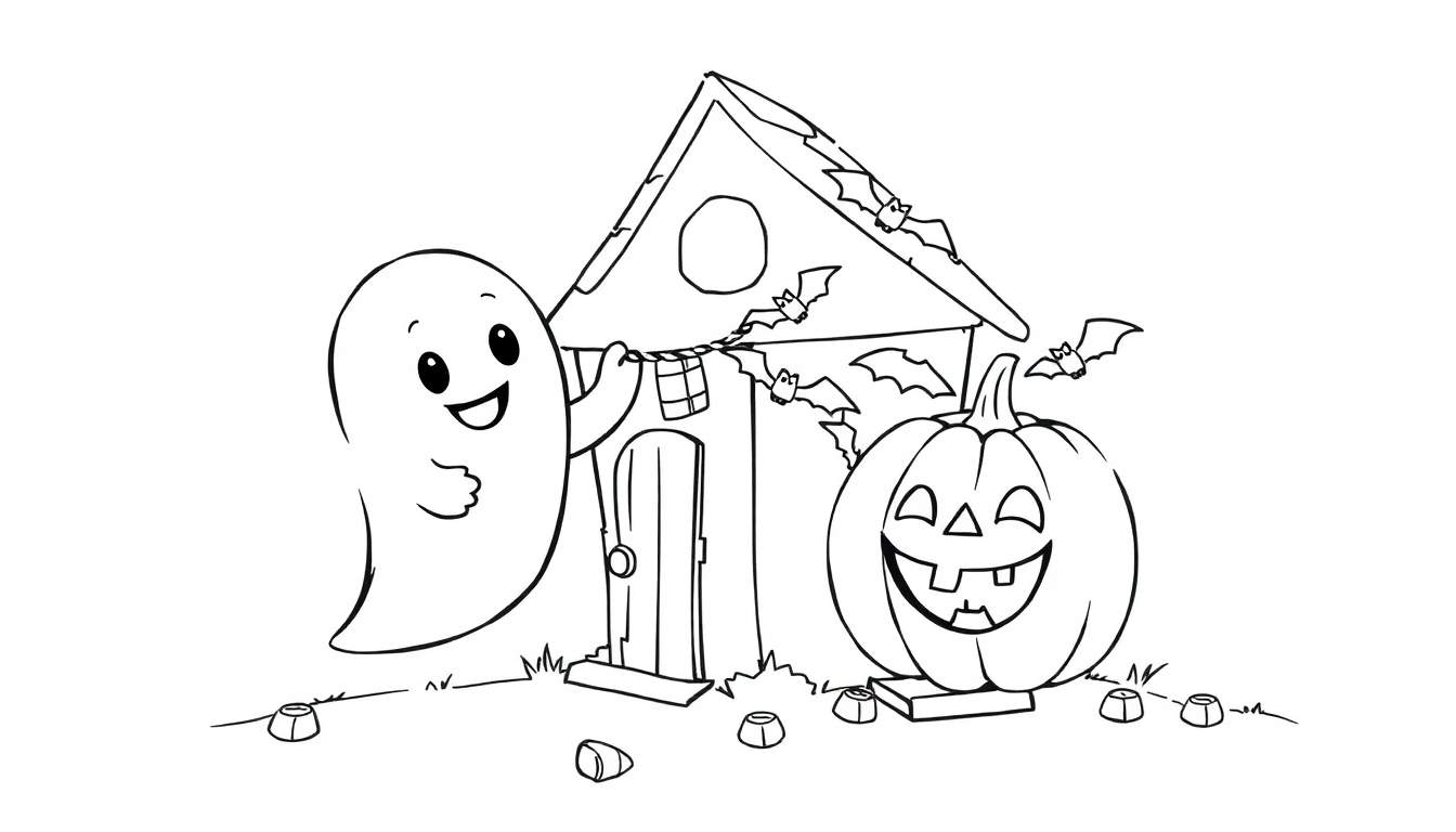 A friendly ghost and a silly pumpkin decorating a spooky haunted house with candy corn and bats for Halloween! A fun color panel for kids.