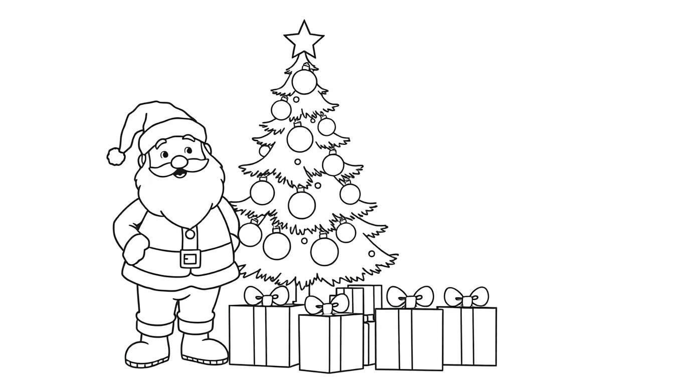A festive color panel featuring a cheerful Santa Claus standing next to a decorated Christmas tree with presents underneath, ready for coloring.