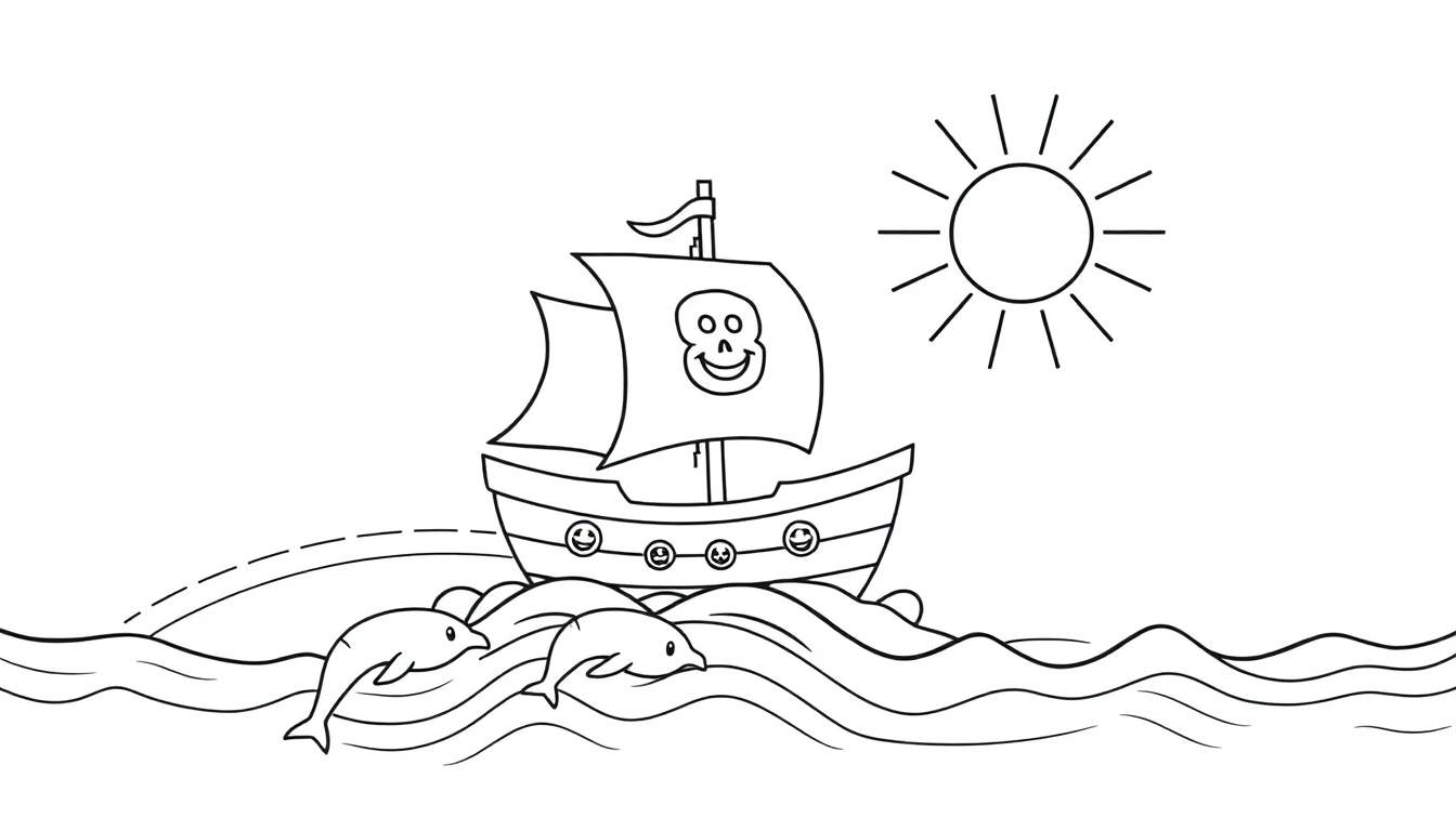 A friendly pirate ship color panel with happy dolphins and a smiling sun.