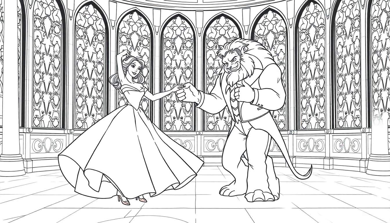 Belle and the Beast dancing in a grand ballroom, a black and white color panel.