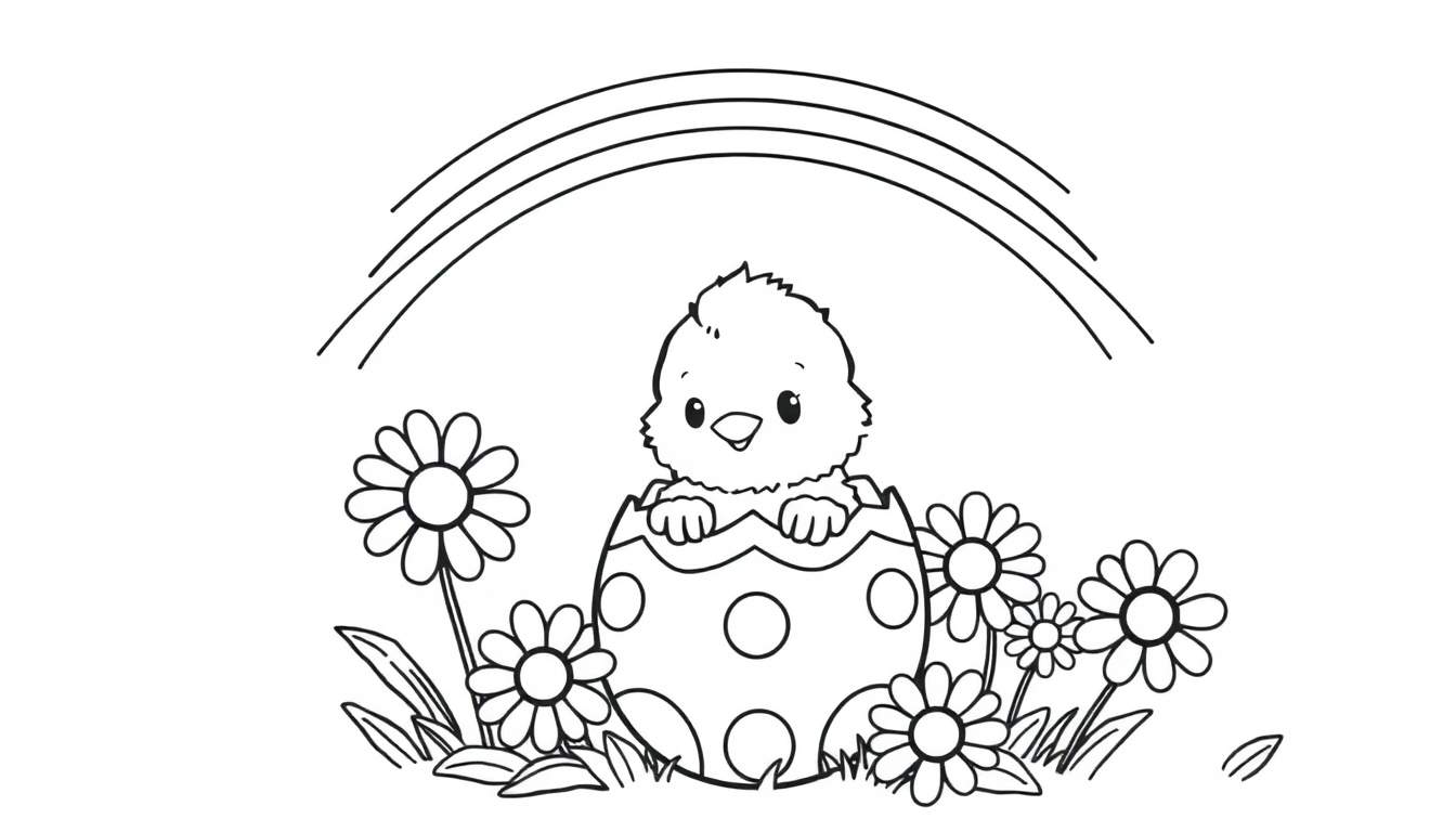 A cute chick hatching from a colored Easter egg, surrounded by flowers and a rainbow, perfect for a color panel.