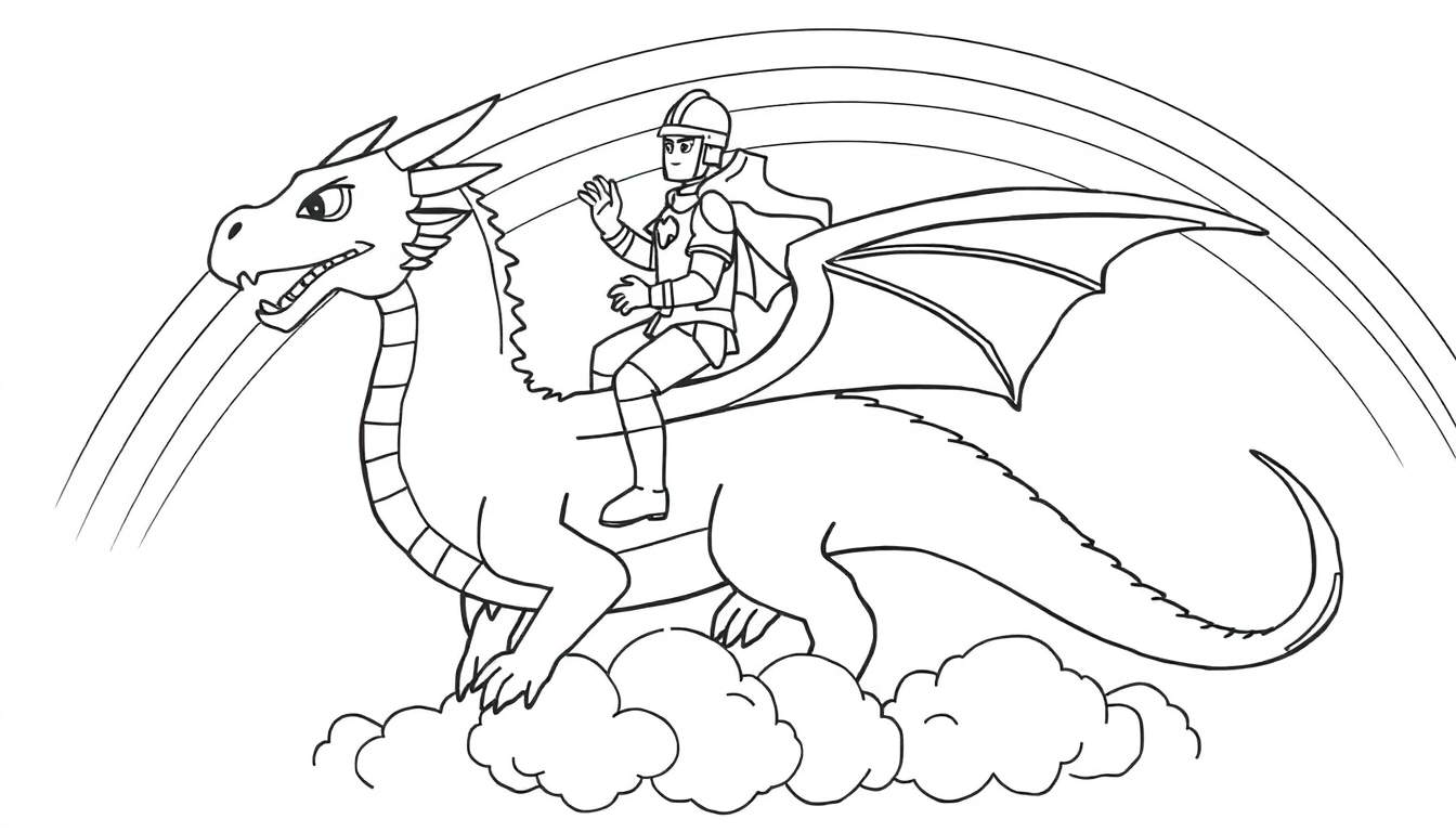 A brave knight on a dragon, with a rainbow in the background, a color panel of adventure! 🌈🐉