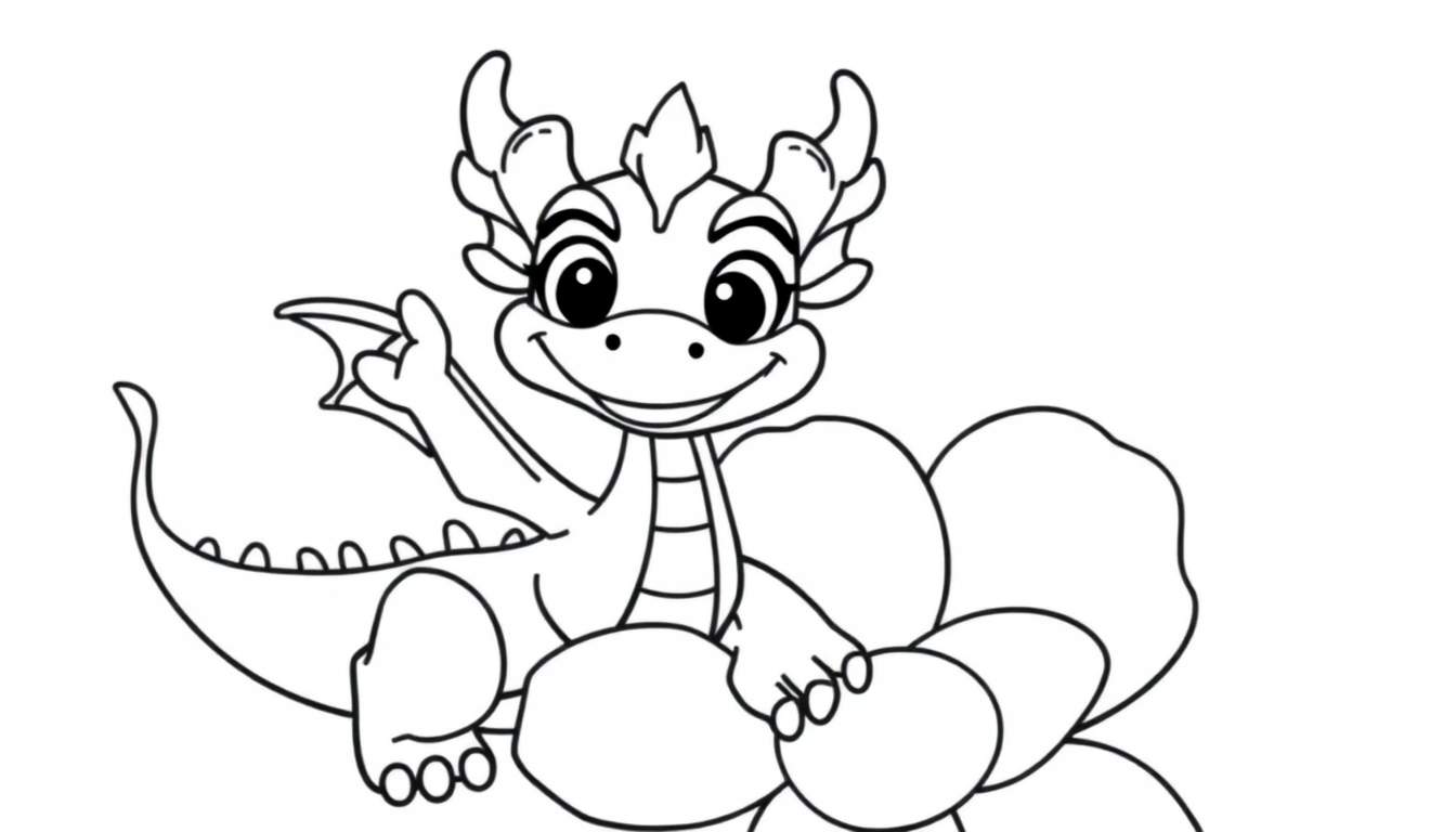 A cute cartoon dragon, like Mushu, sitting in a flower, ready for coloring on a color panel.