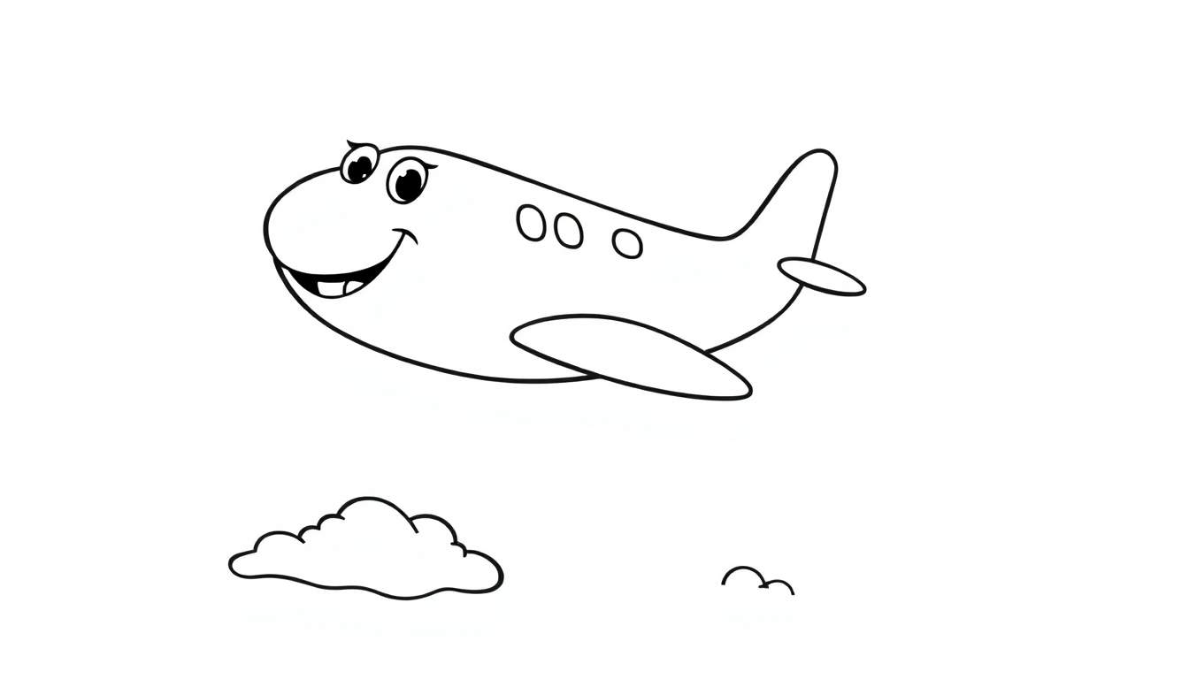 A friendly cartoon airplane smiles as it flies through a color panel of clouds.