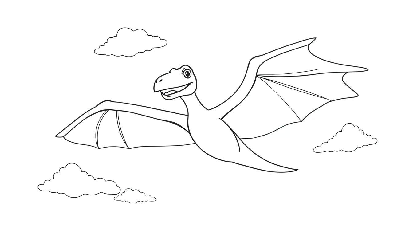 A happy pterodactyl flying in a color panel, with a long beak and outstretched wings among cartoon clouds.