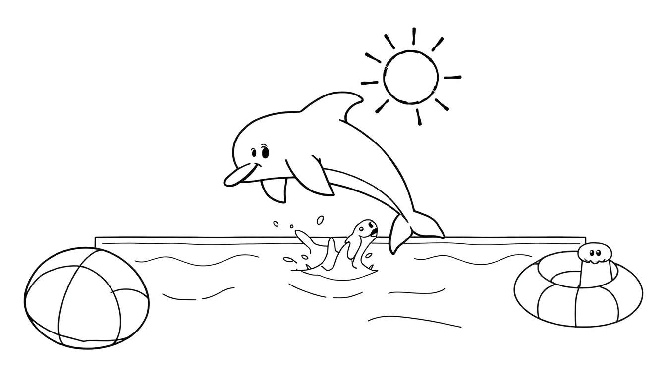 A black and white cartoon color panel of a dolphin leaping over a swimming pool, with a smaller sea creature splashing and a sunny sky.