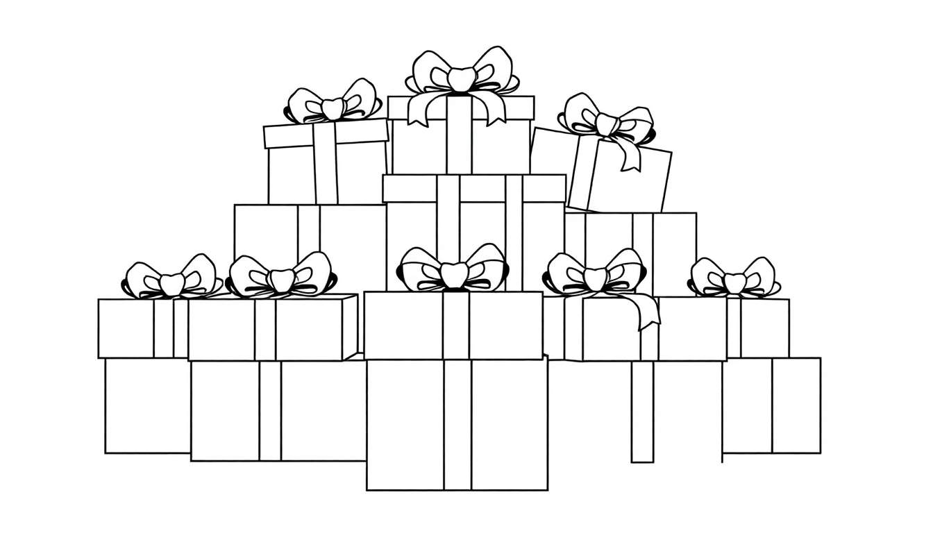 A pyramid of black and white gift boxes with bows, a simple line drawing color panel.