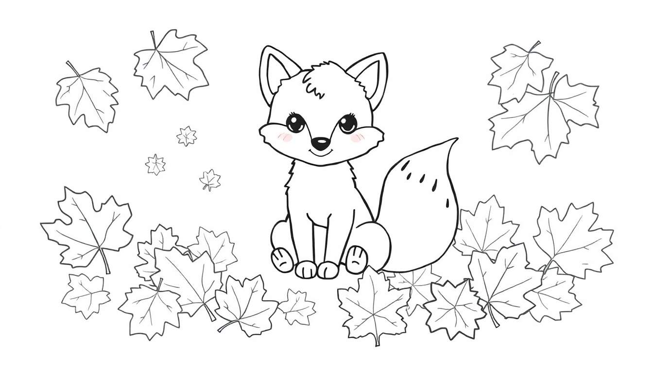 A cute cartoon fox sitting in a pile of autumn leaves, ready for a color panel.