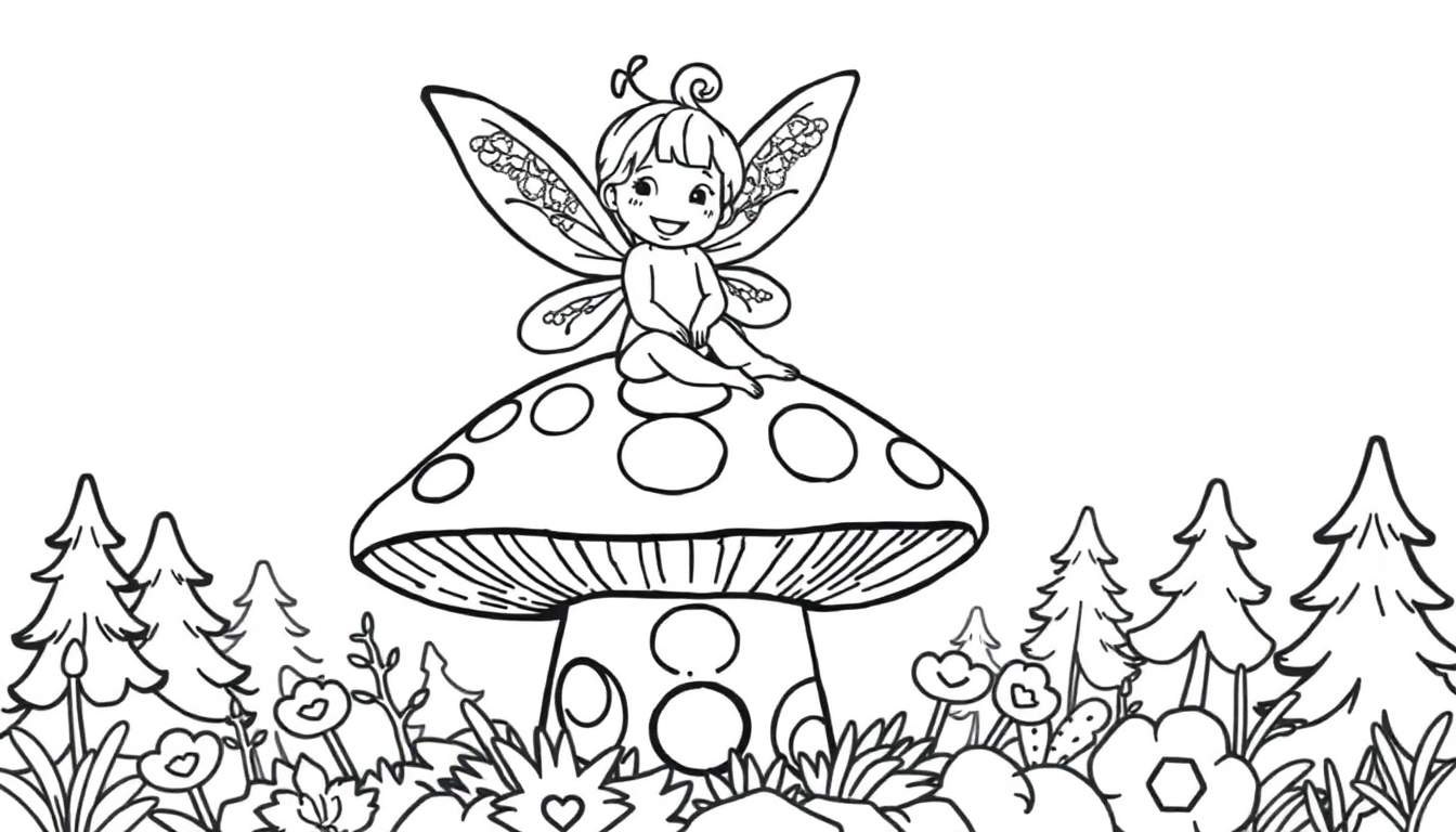 A black and white illustration of a happy fairy with wings sitting on a spotted mushroom. This color panel features a whimsical forest scene.
