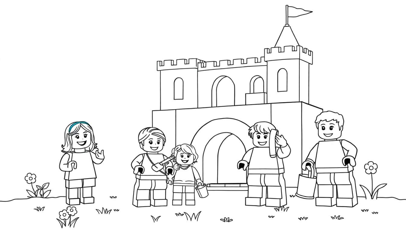 A Lego family is building a sandcastle, a fun color panel activity.