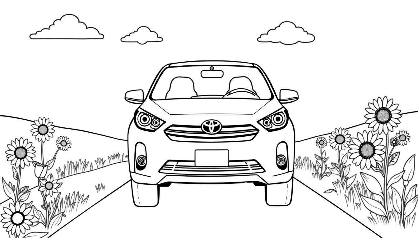 A happy, friendly Toyota car driving down a sunny road with colorful flowers all around. Perfect for coloring! This is a black and white line drawing, a color panel.