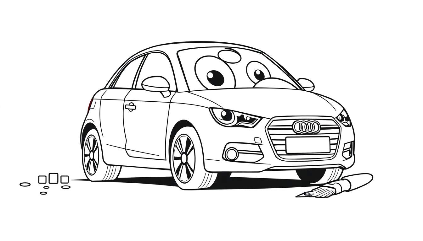 A black and white cartoon of an Audi A1 car with big eyes, a paintbrush, and paint palettes, ready for a color panel adventure.