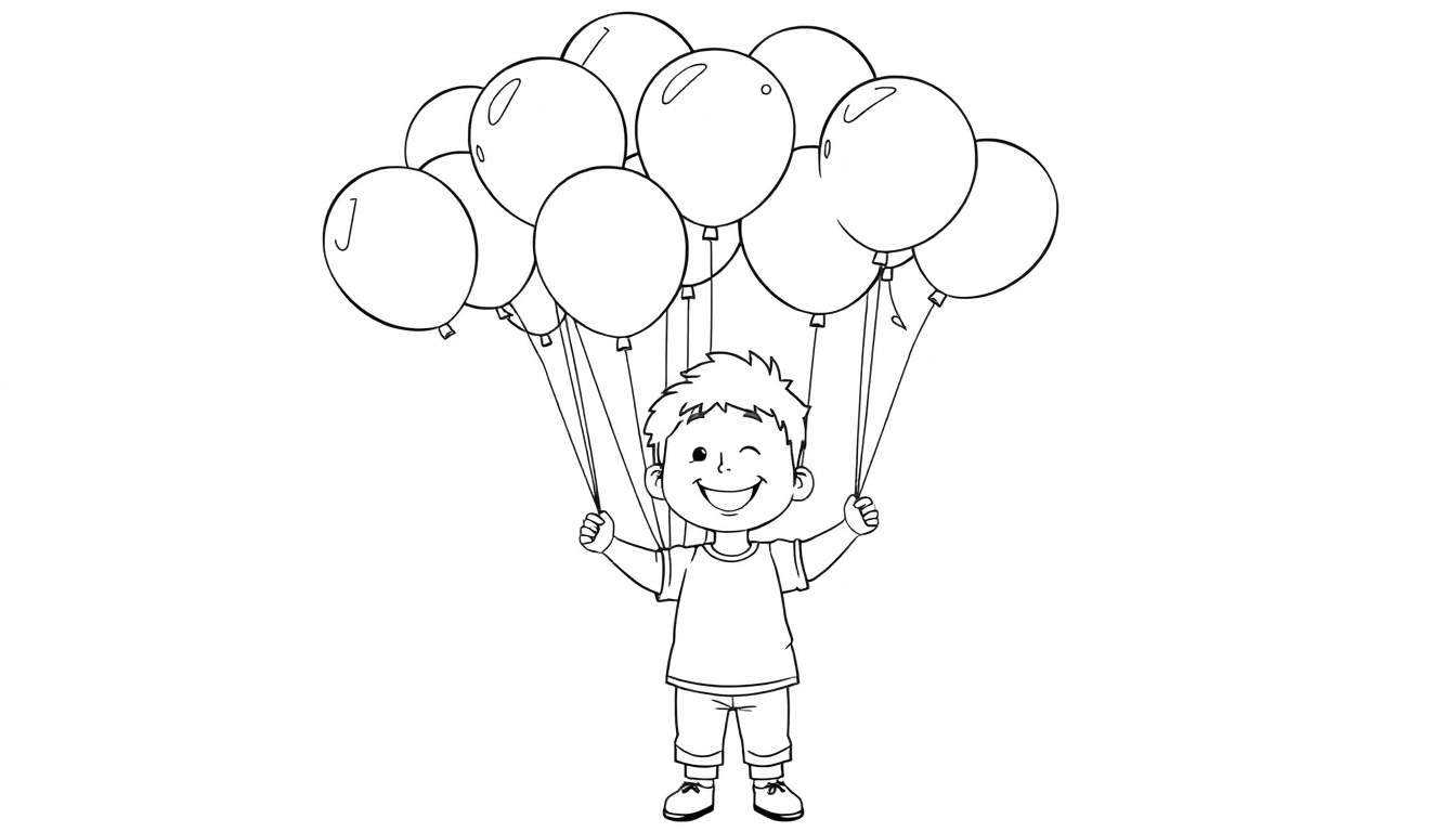 A happy cartoon boy with short spiky hair, wearing a t-shirt, shorts, and shoes, winks with one eye while holding a large bunch of colorful balloons. This is a black and white cartoon color panel.