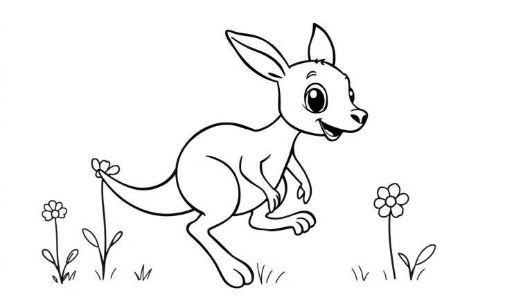 A cheerful baby kangaroo in a black and white color panel, hopping through a field of flowers.