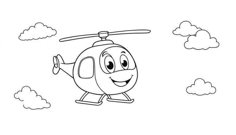 A friendly cartoon helicopter in black and white line art, perfect for a color panel.