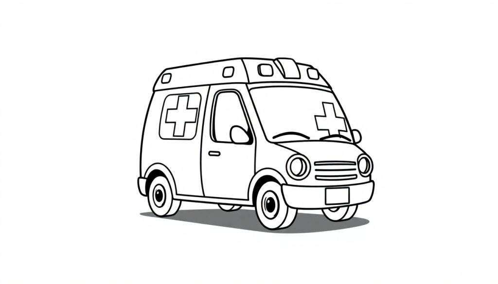 A friendly black and white cartoon ambulance with a bold outline, featuring a large red cross on its side and front, small lights on top, round headlights and wheels, and a visible shadow. This color panel is ready for some fun.