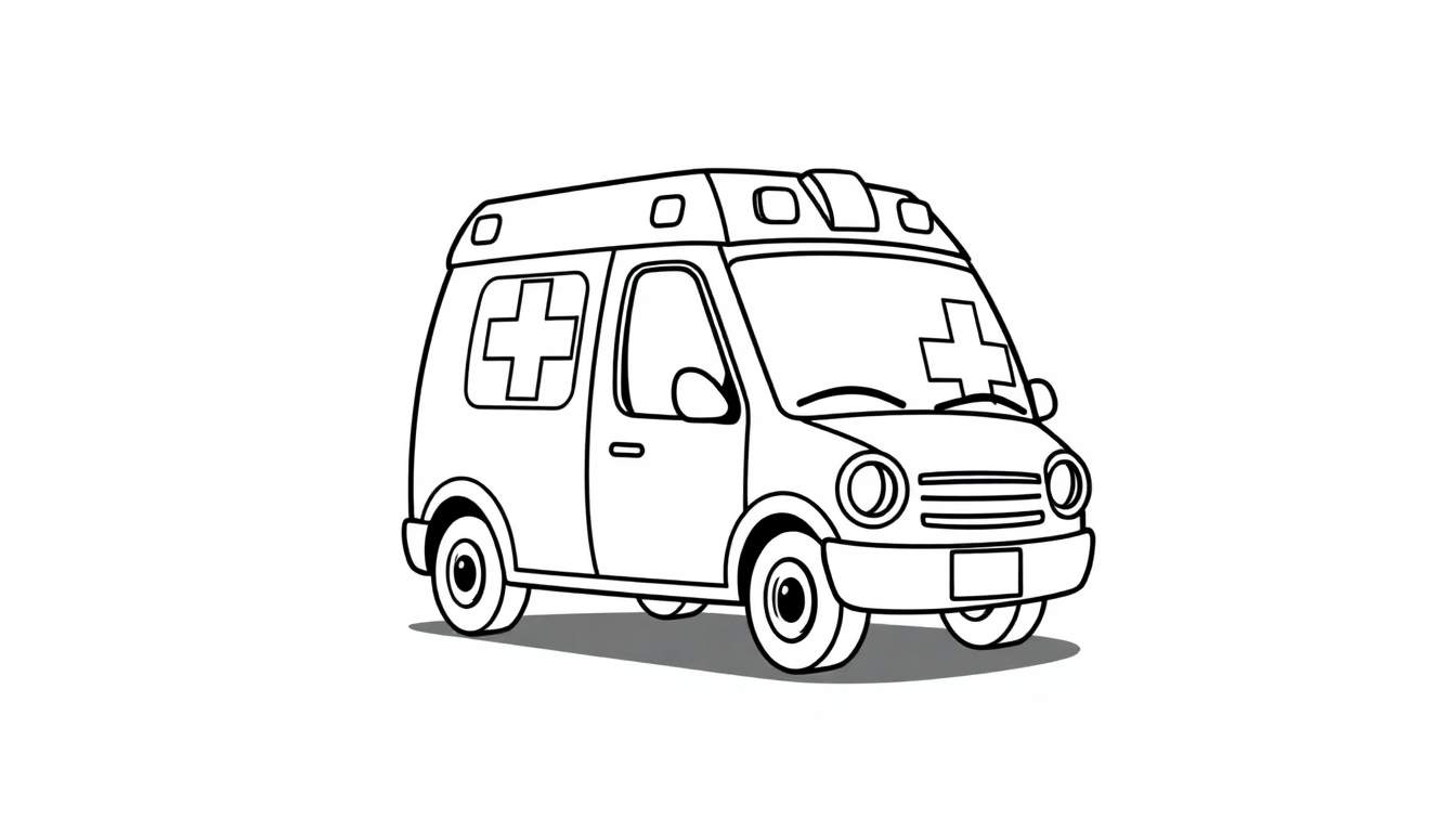 A friendly black and white cartoon ambulance with a bold outline, featuring a large red cross on its side and front, small lights on top, round headlights and wheels, and a visible shadow. This color panel is ready for some fun.