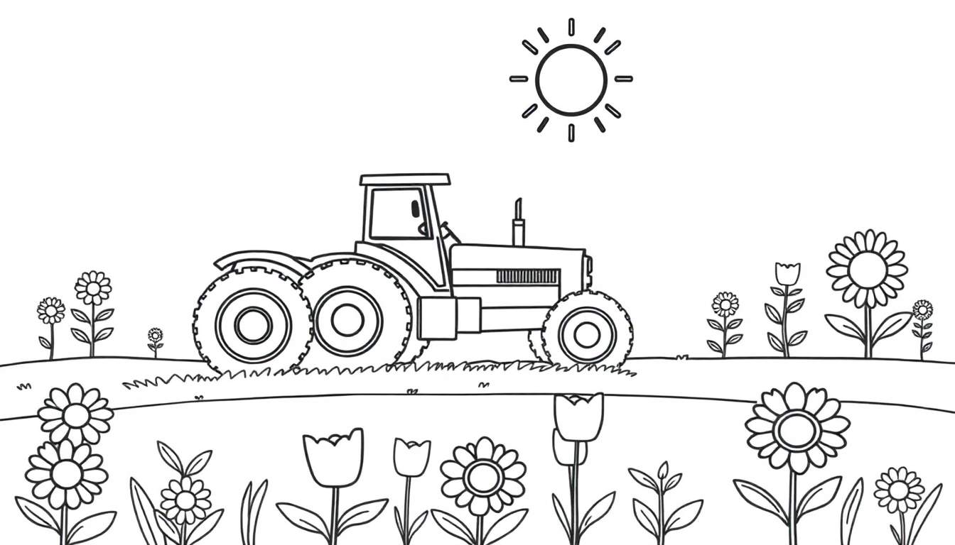 A happy red tractor in a black and white color panel illustration, on a hill with a smiling sun and flowers.