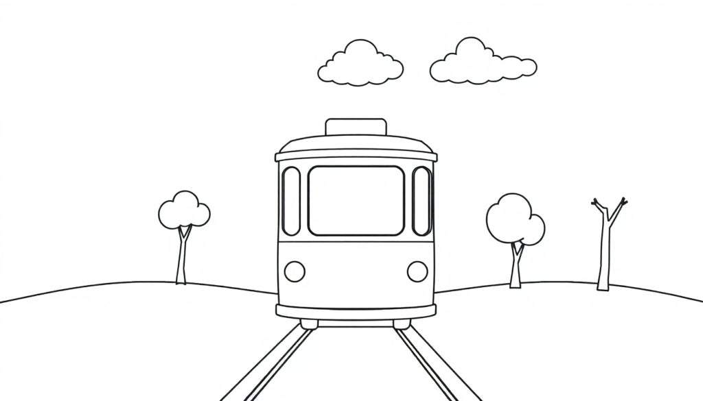 A black and white cartoon drawing of a cute little tram car on tracks in a landscape, ready for its journey as a color panel.