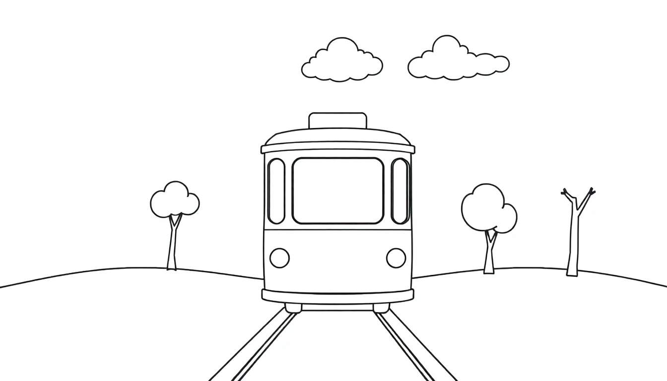 A black and white cartoon drawing of a cute little tram car on tracks in a landscape, ready for its journey as a color panel.