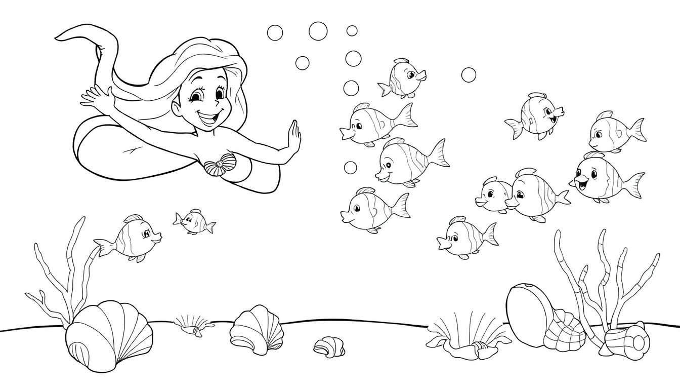 Ariel the mermaid, a black and white color panel, swims joyfully with striped fish, surrounded by bubbles and seashells on a sandy seabed.
