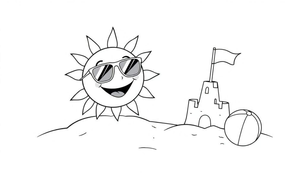 A black and white color panel featuring a happy sun with sunglasses on a sandy dune, a sandcastle, and a beach ball.