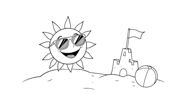 A black and white color panel featuring a happy sun with sunglasses on a sandy dune, a sandcastle, and a beach ball.