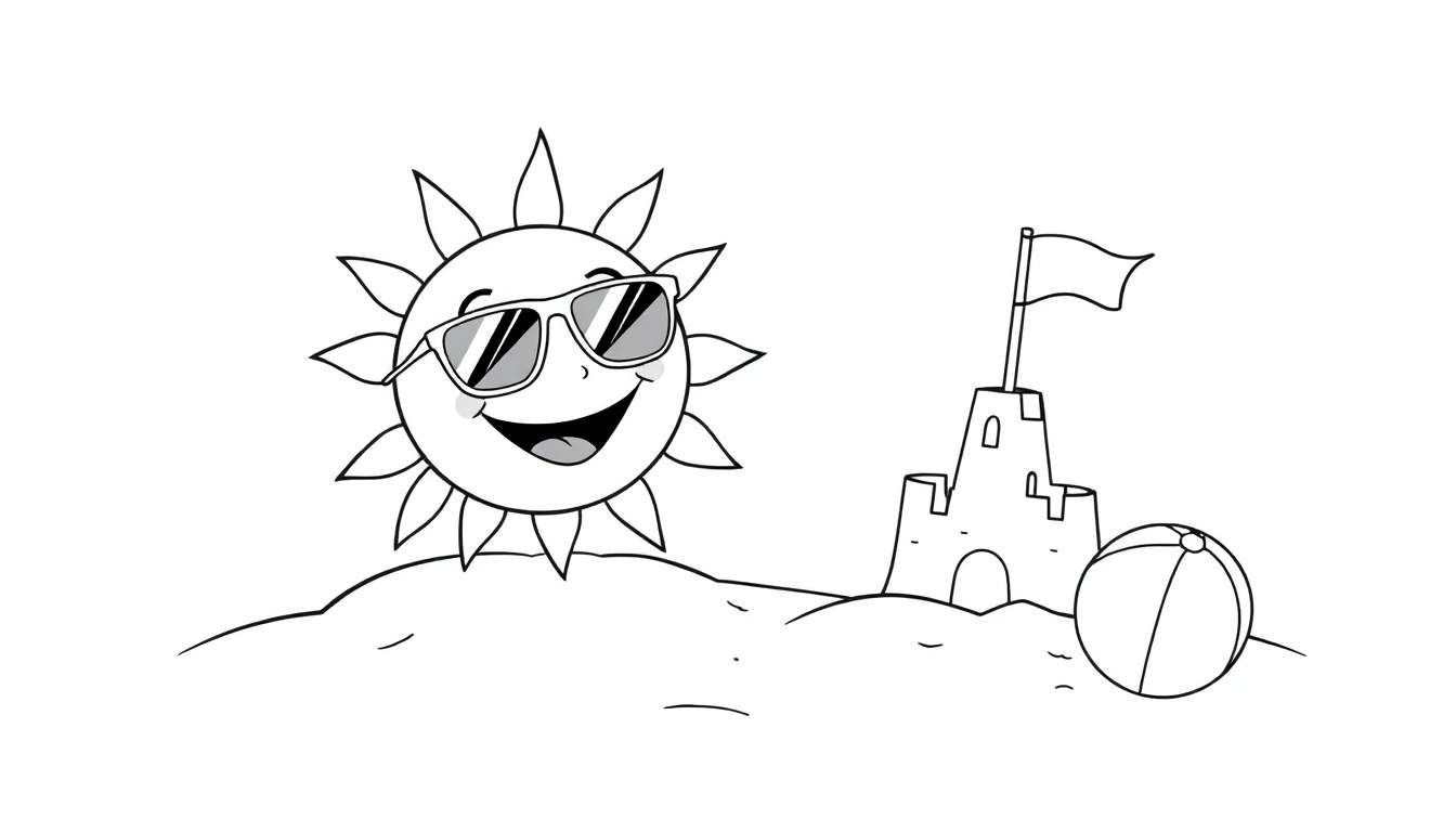 A black and white color panel featuring a happy sun with sunglasses on a sandy dune, a sandcastle, and a beach ball.