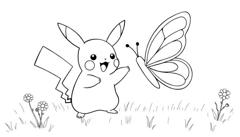 A cute black and white illustration of Pikachu playing with a butterfly in a meadow, perfect for a color panel.