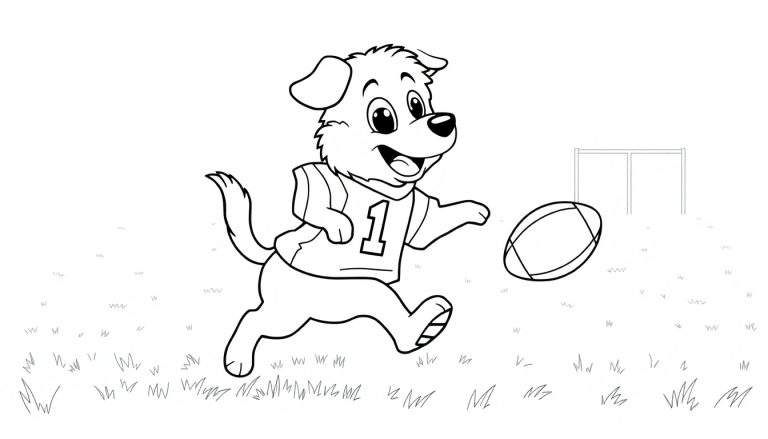 A cartoon dog in a football jersey runs with a football, a black and white color panel for a coloring page.