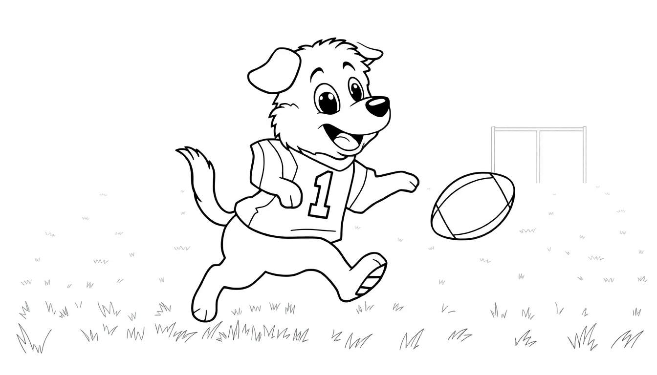 A cartoon dog in a football jersey runs with a football, a black and white color panel for a coloring page.