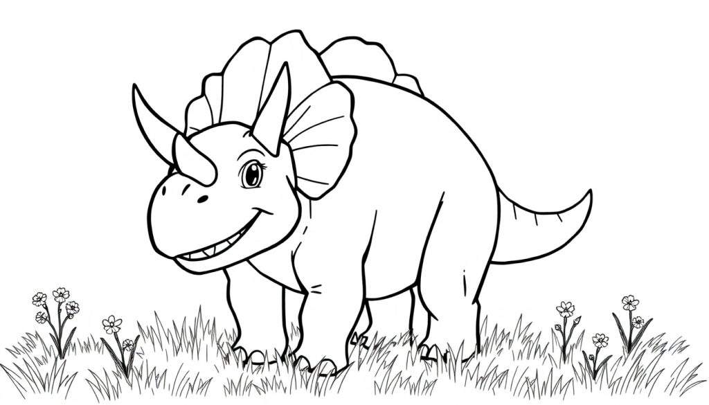 A black and white drawing of a smiling Triceratops in a field, ready for the color panel.