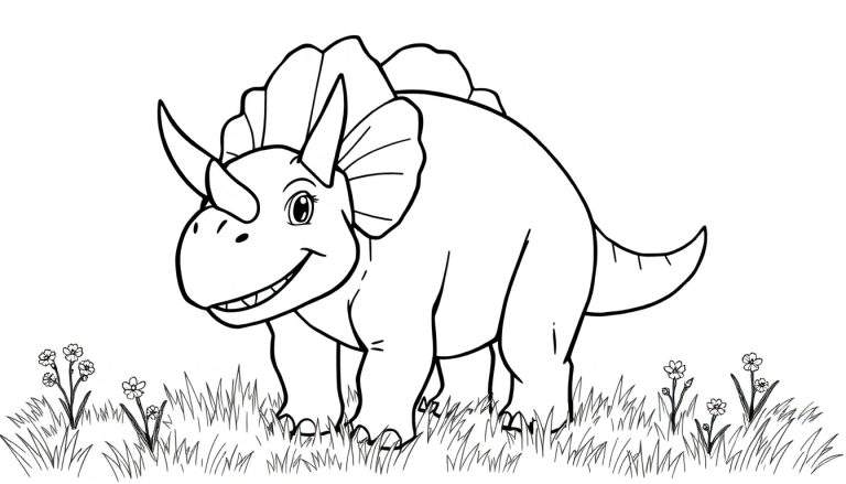 A black and white drawing of a smiling Triceratops in a field, ready for the color panel.