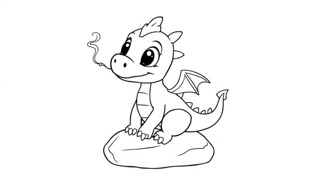 A cute baby dragon in a black and white outline color panel, sitting on a rock with a puff of smoke.