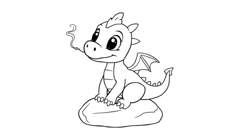 A cute baby dragon in a black and white outline color panel, sitting on a rock with a puff of smoke.