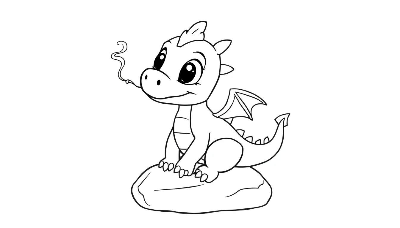 A cute baby dragon in a black and white outline color panel, sitting on a rock with a puff of smoke.