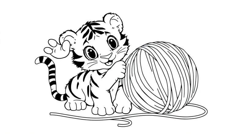 A cute tiger cub with stripes plays with a ball of yarn, a black and white outline perfect for a color panel.