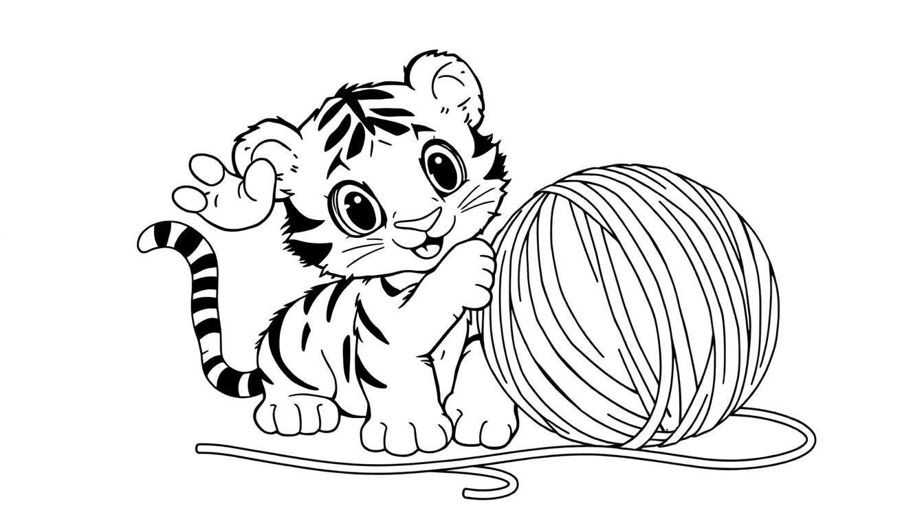 A cute tiger cub with stripes plays with a ball of yarn, a black and white outline perfect for a color panel.