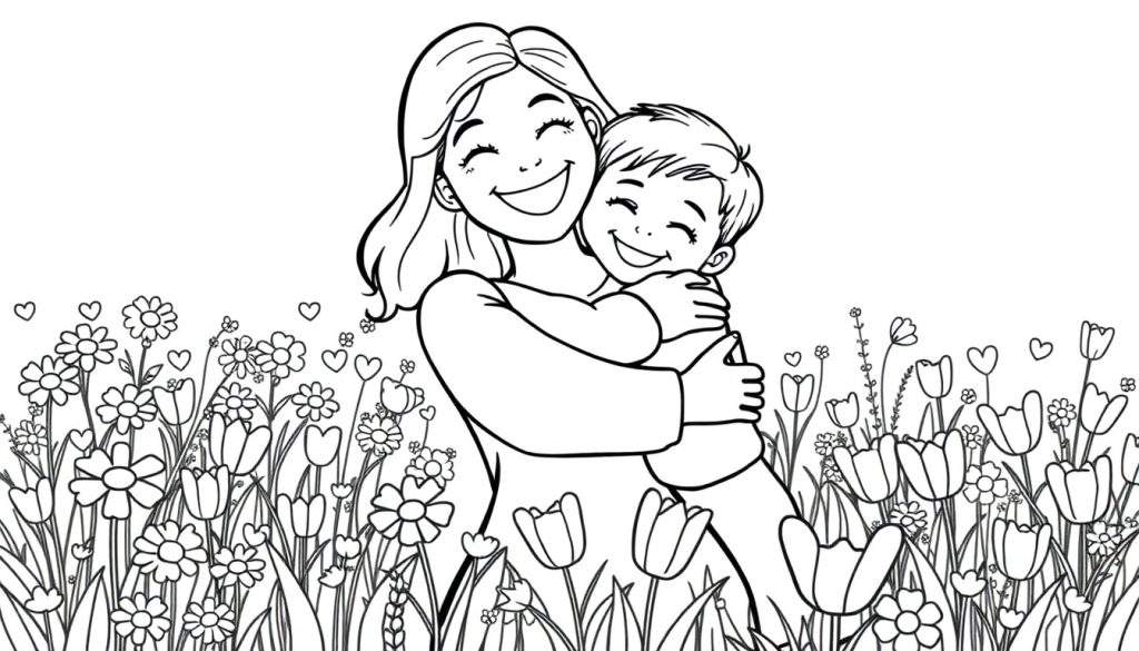 A mom and child hug in a flower field, a Mother's Day color panel.