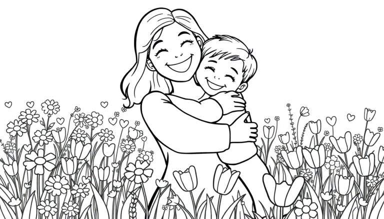 A mom and child hug in a flower field, a Mother's Day color panel.